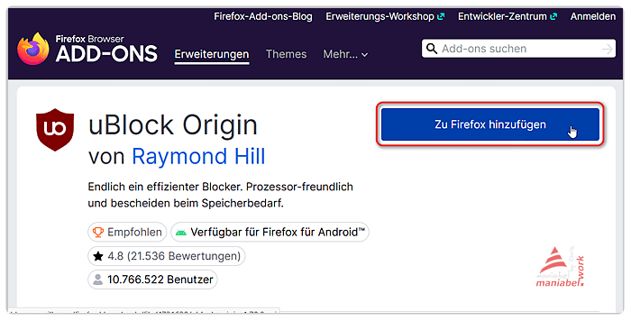 Fügen sie das AddOn Firefox durch Klick auf den blauen Button hinzu.