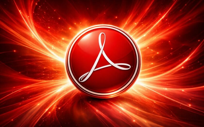 AdobeReader-Logo vor geflammten roten Hintergrund