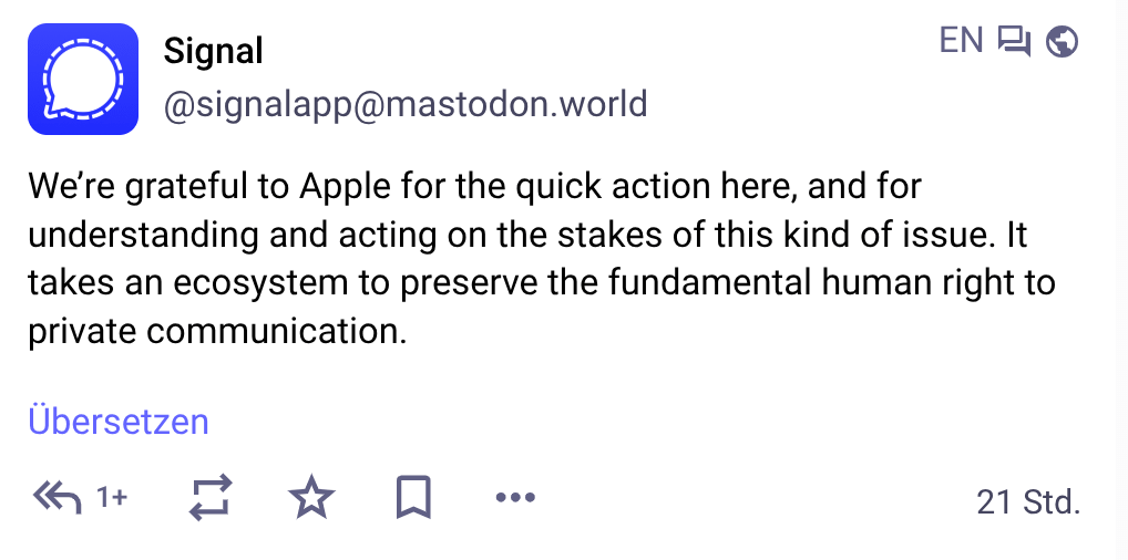 We’re grateful to Apple for the quick action here, and for understanding and acting on the stakes of this kind of issue. It takes an ecosystem to preserve the fundamental human right to private communication.