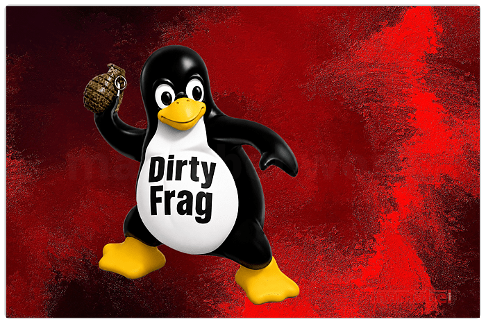 Tux mit Imprint DirtyFrag und Handgranate im rechten Flügel